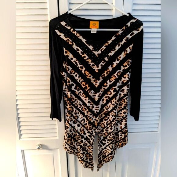 Ruby Rd. Top Women's sz S Tie-hem Leopard Print Stripe Knit Gold Stud 3/4 Sleeve - Picture 2 of 6